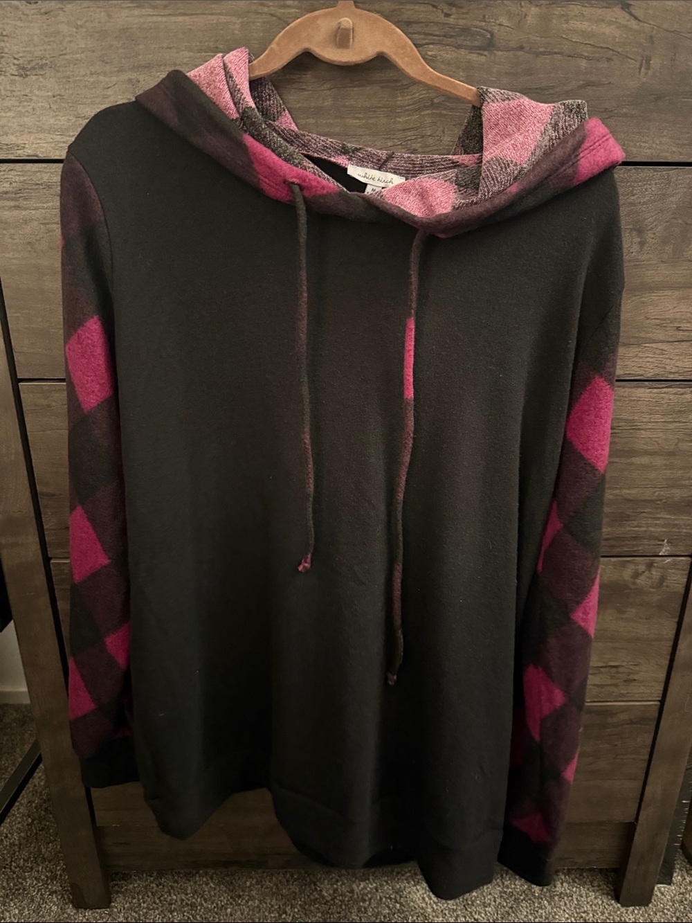 white birch Black Hoodie with Pink Argyle Sleeves